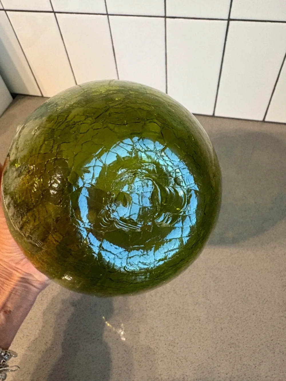 Blenko crackle glass bowl / vase with ruffled rim - avocado green